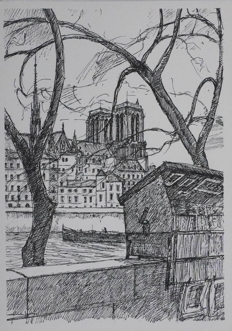 Maxime JUAN : Paris, Vue sur les tours de Notre Dame depuis les quais, Lithographie originale signée