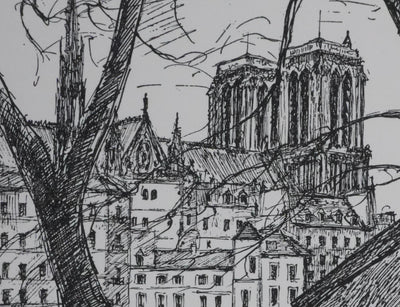 Maxime JUAN : Paris, Vue sur les tours de Notre Dame depuis les quais, Lithographie originale signée