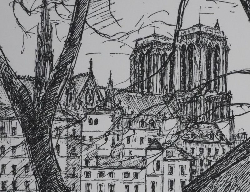 Maxime JUAN : Paris, Vue sur les tours de Notre Dame depuis les quais, Lithographie originale signée