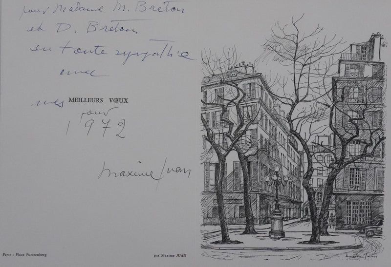 Maxime JUAN : Paris, Place Furstemberg à Saint Germain-des-Près, Lithographie originale signée