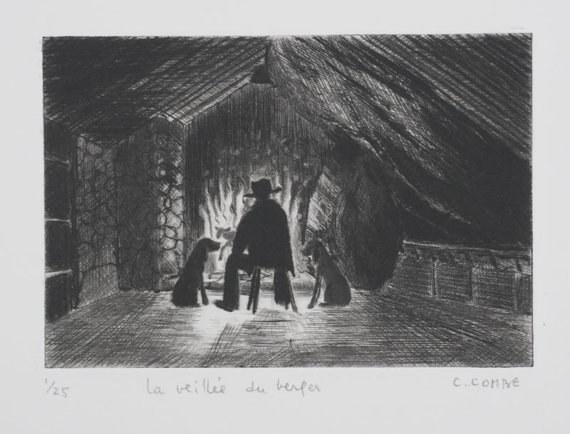 Camille COMBE : La veillée du berger, Gravure originale signée