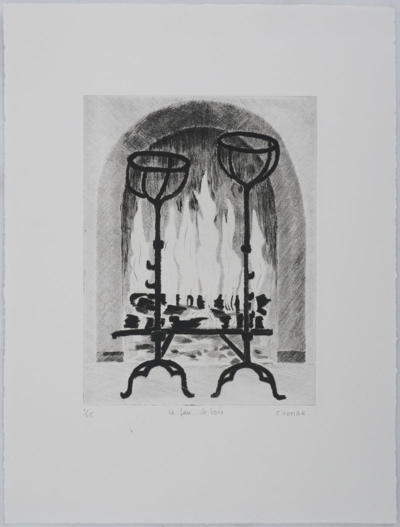Camille COMBE : Le feu de bois, Gravure originale signée