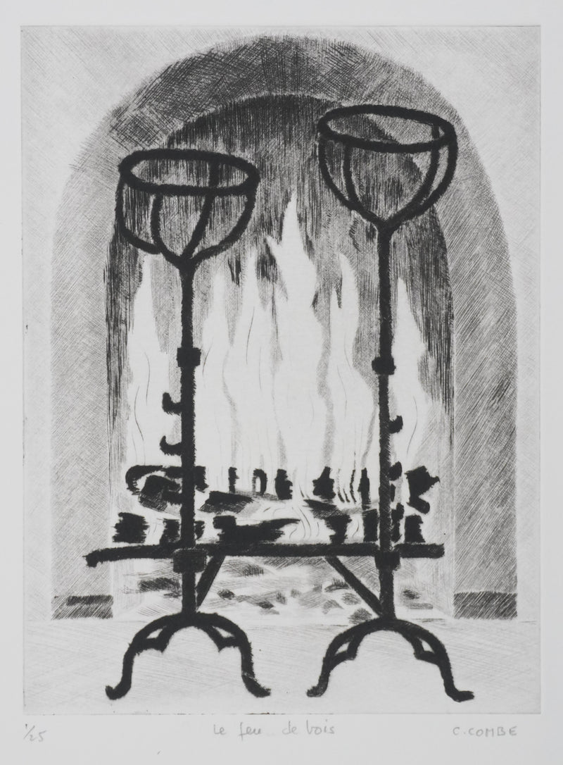 Camille COMBE : Le feu de bois, Gravure originale signée