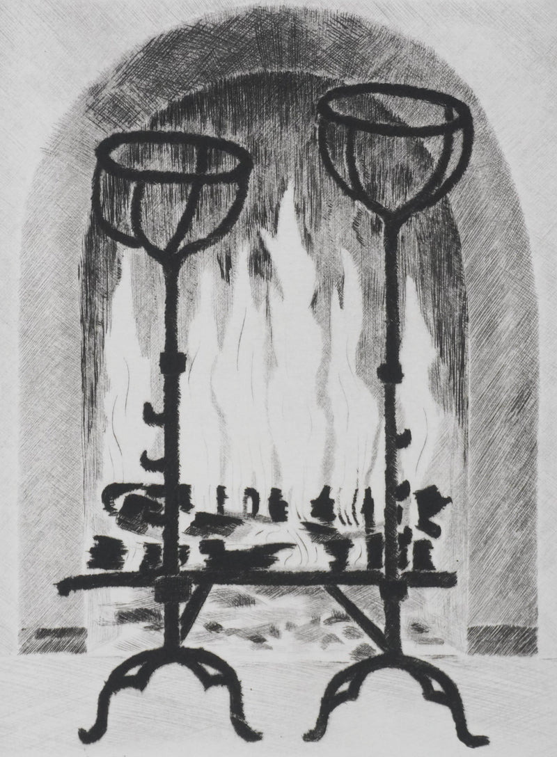 Camille COMBE : Le feu de bois, Gravure originale signée