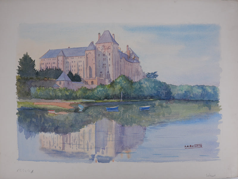 Salomon Alfred BOISECQ : Le château au bord du lac, Aquarelle originale signée