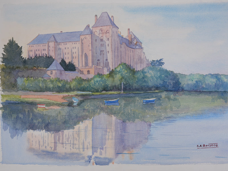 Salomon Alfred BOISECQ : Le château au bord du lac, Aquarelle originale signée