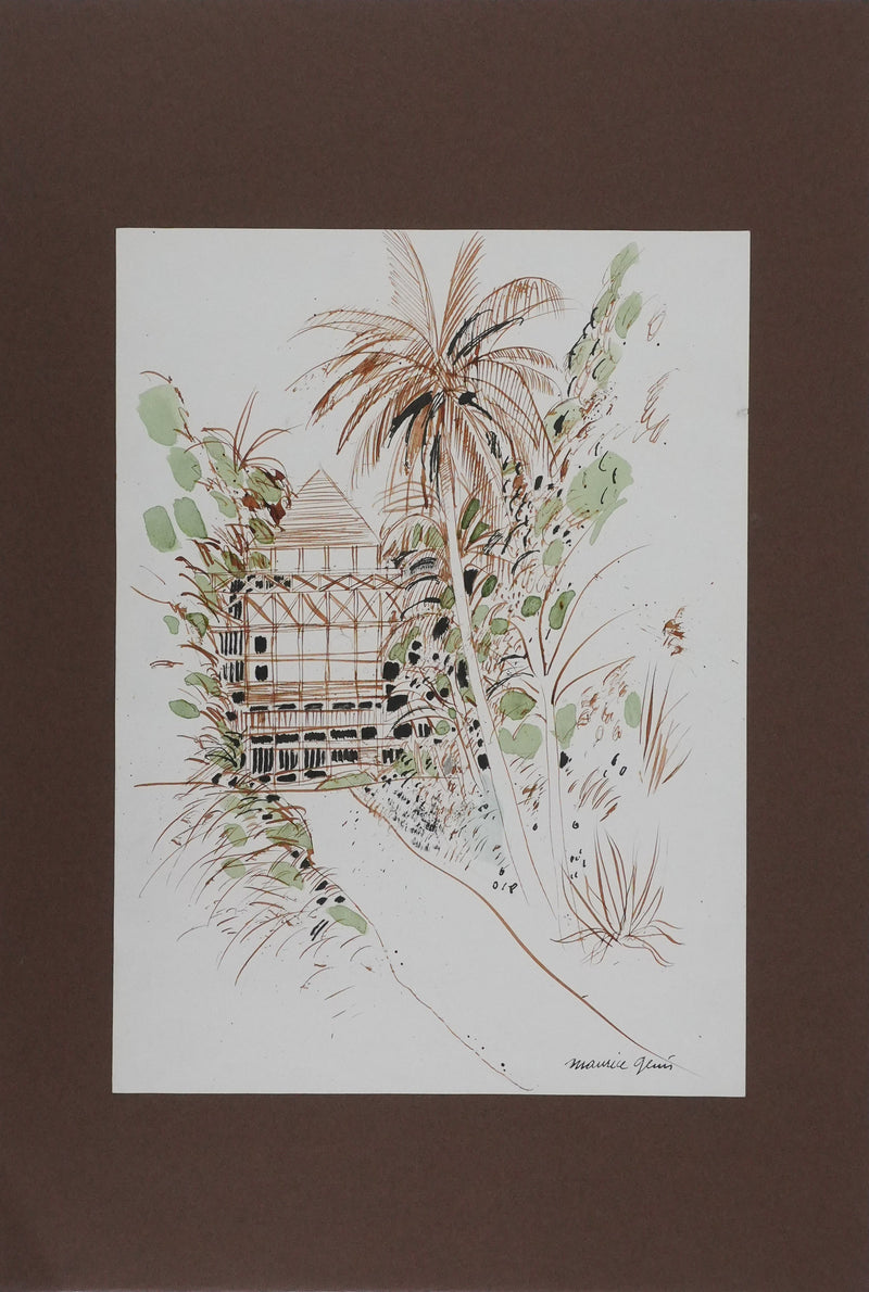 Maurice GENIS : La cabane dans la forêt tropicale, Dessin original signé