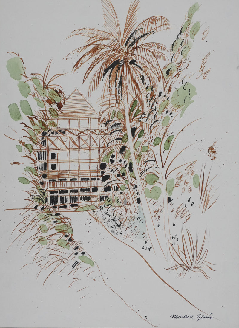 Maurice GENIS : La cabane dans la forêt tropicale, Dessin original signé