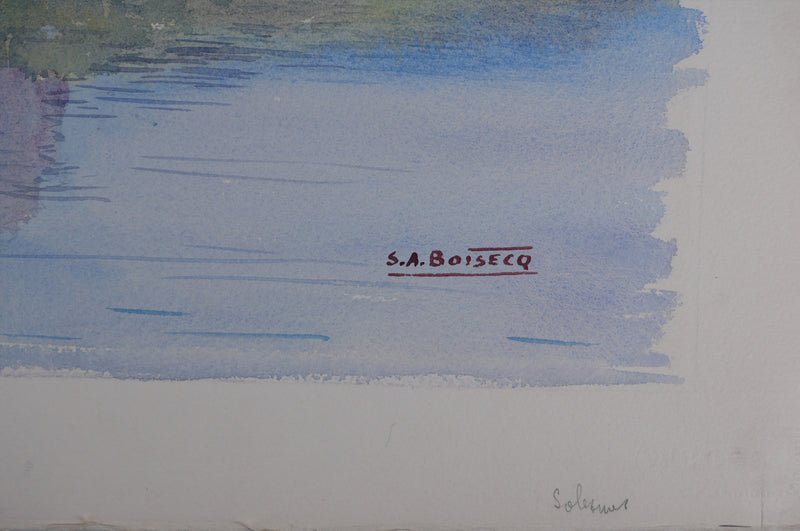 Salomon Alfred BOISECQ : Le château au bord du lac, Aquarelle originale signée