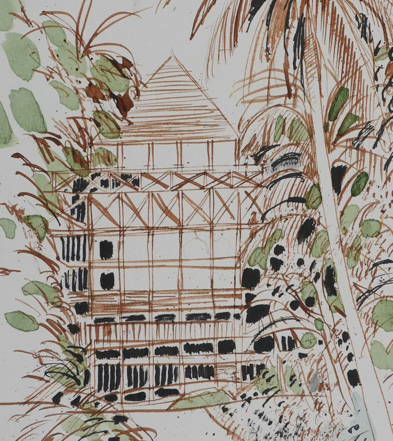 Maurice GENIS : La cabane dans la forêt tropicale, Dessin original signé