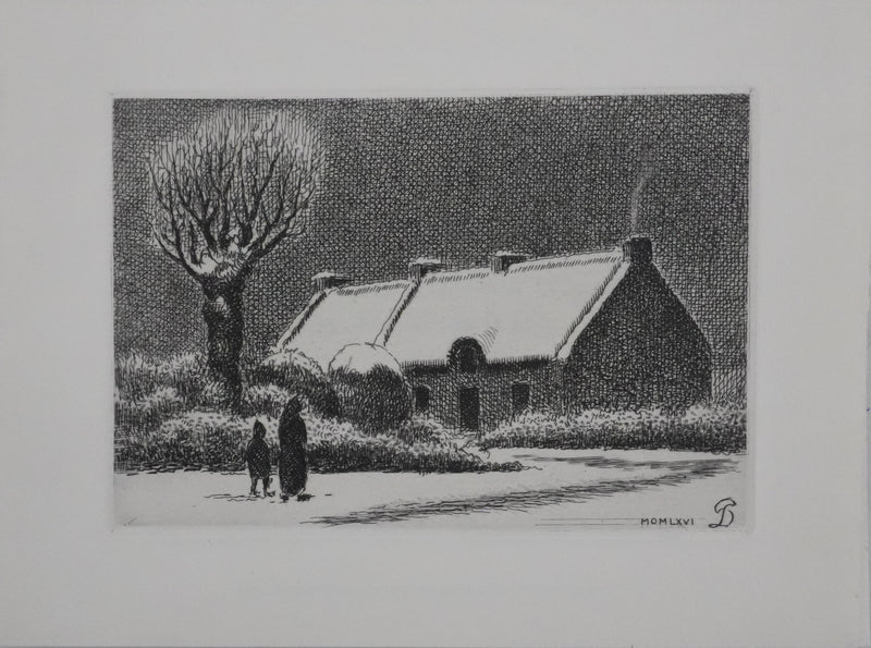 Pierre DUBREUIL : La maisonnette sous la neige, Gravure originale signée