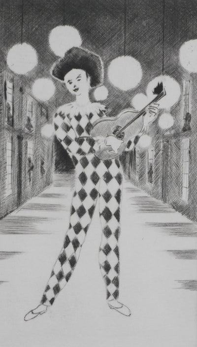 Camille COMBE : La sérénade d'arlequin, Gravure originale signée
