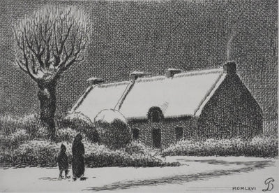 Pierre DUBREUIL : La maisonnette sous la neige, Gravure originale signée
