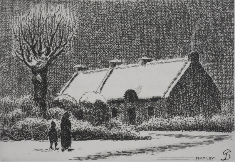 Pierre DUBREUIL : La maisonnette sous la neige, Gravure originale signée
