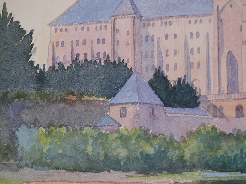 Salomon Alfred BOISECQ : Le château au bord du lac, Aquarelle originale signée
