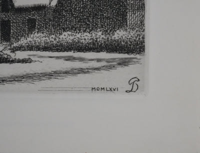 Pierre DUBREUIL : La maisonnette sous la neige, Gravure originale signée