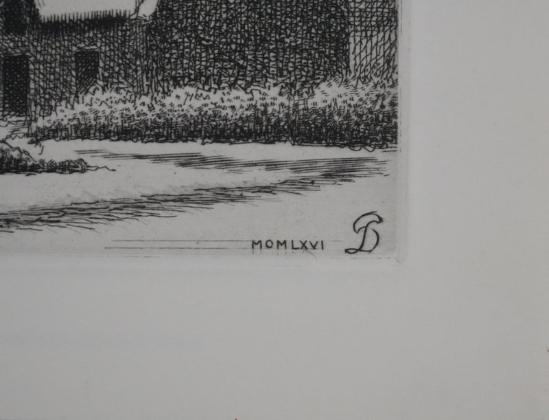 Pierre DUBREUIL : La maisonnette sous la neige, Gravure originale signée