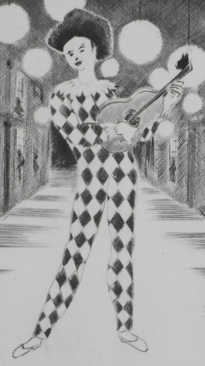 Camille COMBE : La sérénade d'arlequin, Gravure originale signée