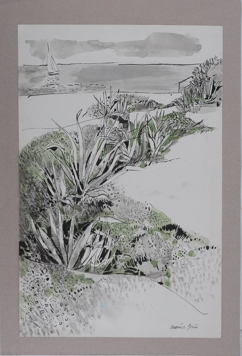 Maurice GENIS : Les cactus au bord de mer, Dessin original signé