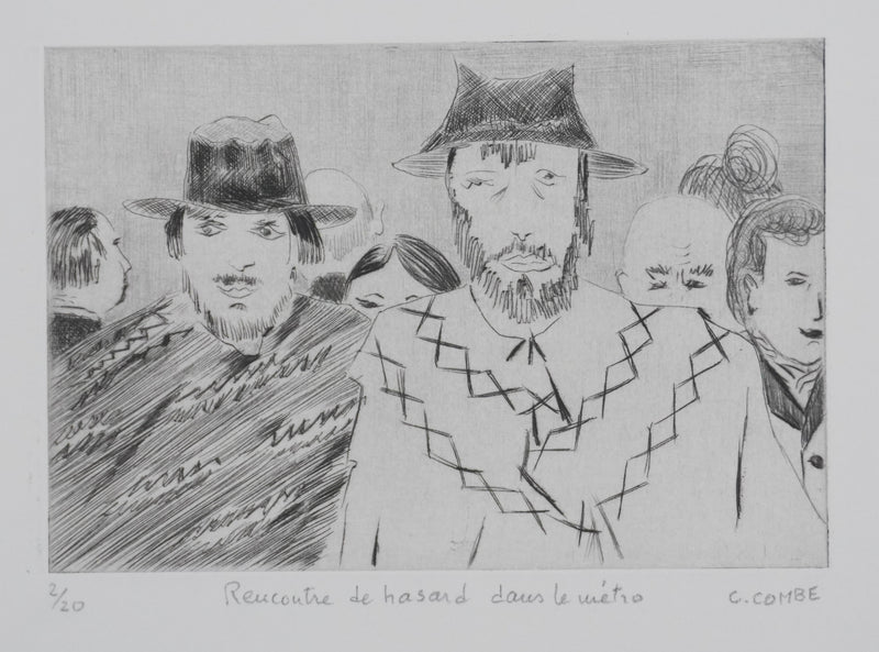 Camille COMBE : Rencontre de hasard dans le métro, Gravure originale signée
