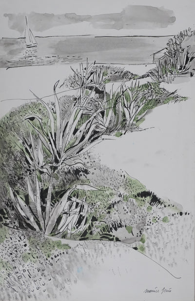 Maurice GENIS : Les cactus au bord de mer, Dessin original signé