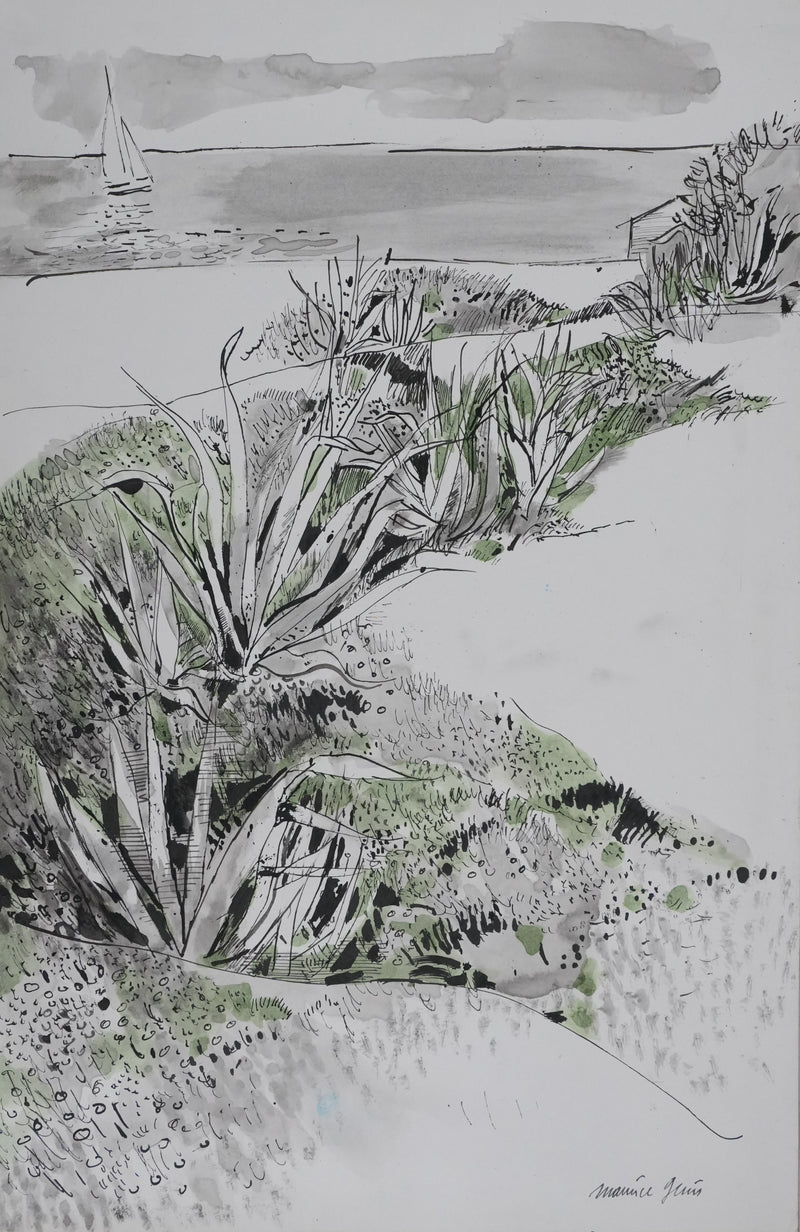 Maurice GENIS : Les cactus au bord de mer, Dessin original signé