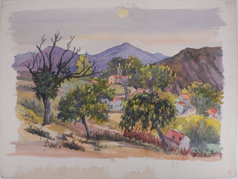 Salomon Alfred BOISECQ : Le coucher de soleil en Provence, Aquarelle originale signée