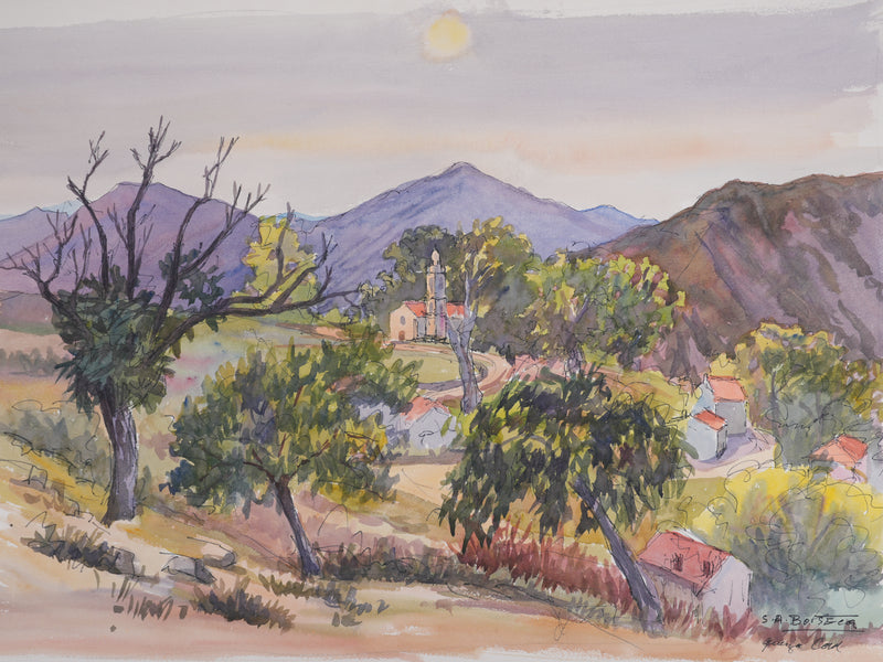 Salomon Alfred BOISECQ : Le coucher de soleil en Provence, Aquarelle originale signée