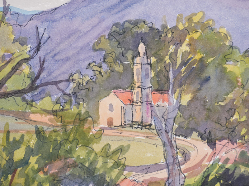 Salomon Alfred BOISECQ : Le coucher de soleil en Provence, Aquarelle originale signée