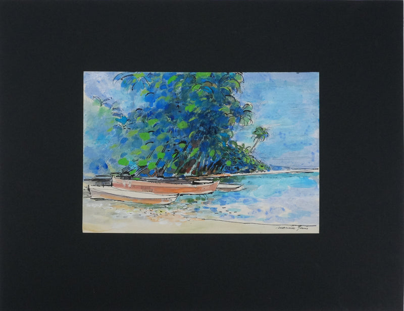 Maurice GENIS : Les canots au bord de mer, Aquarelle originale signée