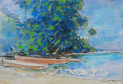 Maurice GENIS : Les canots au bord de mer, Aquarelle originale signée