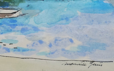Maurice GENIS : Les canots au bord de mer, Aquarelle originale signée