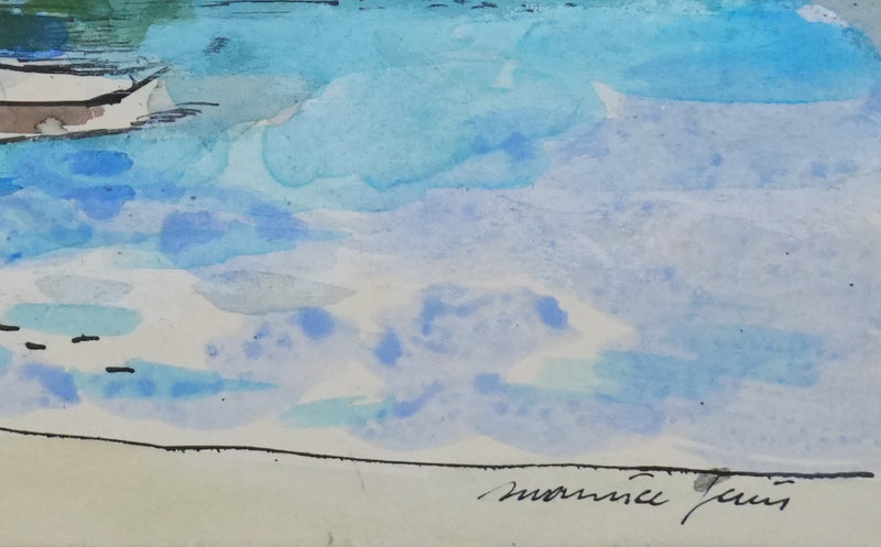 Maurice GENIS : Les canots au bord de mer, Aquarelle originale signée
