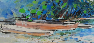 Maurice GENIS : Les canots au bord de mer, Aquarelle originale signée