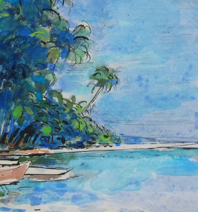 Maurice GENIS : Les canots au bord de mer, Aquarelle originale signée