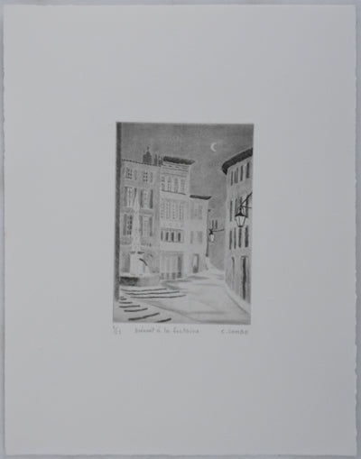 Camille COMBE : Minuit à la fontaine, Gravure originale signée
