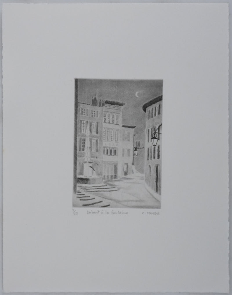 Camille COMBE : Minuit à la fontaine, Gravure originale signée