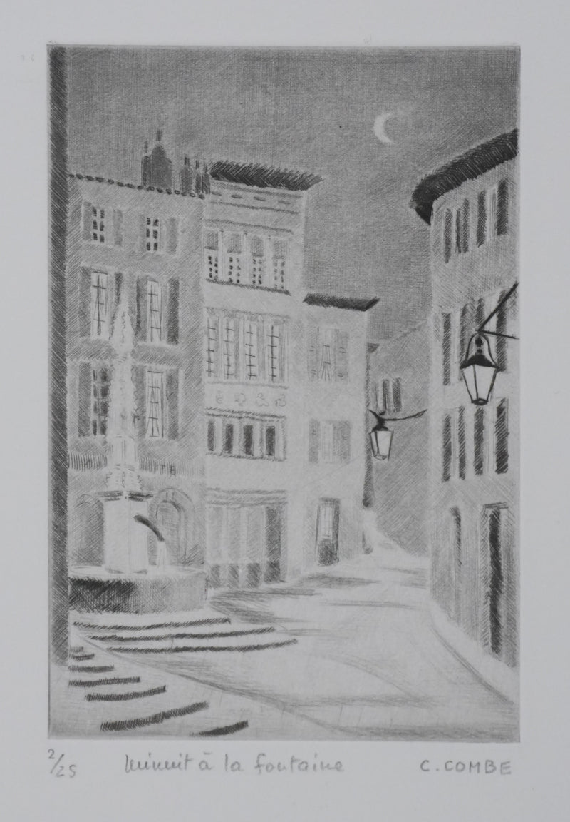 Camille COMBE : Minuit à la fontaine, Gravure originale signée