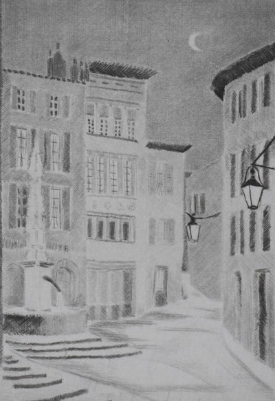 Camille COMBE : Minuit à la fontaine, Gravure originale signée