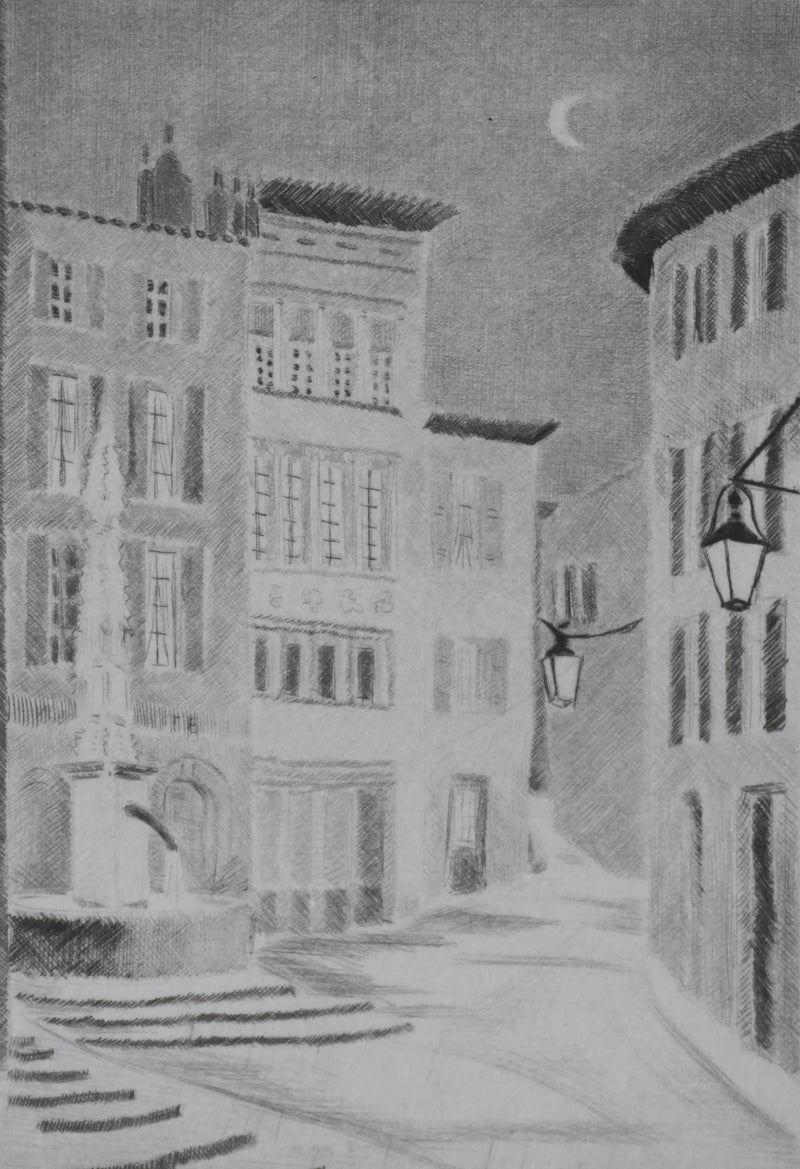 Camille COMBE : Minuit à la fontaine, Gravure originale signée
