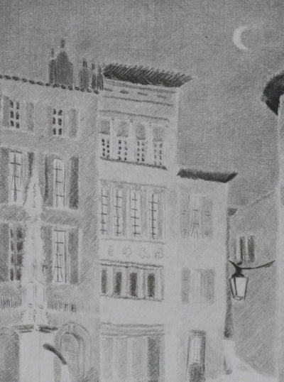 Camille COMBE : Minuit à la fontaine, Gravure originale signée