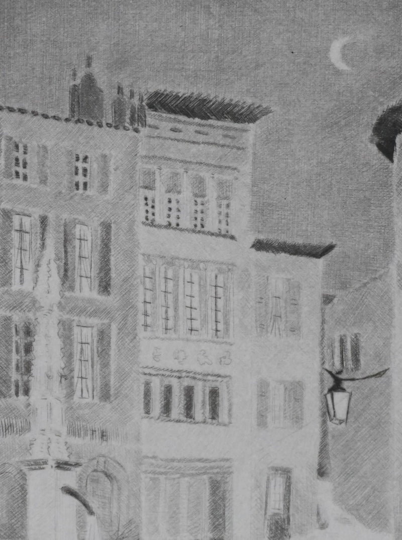 Camille COMBE : Minuit à la fontaine, Gravure originale signée