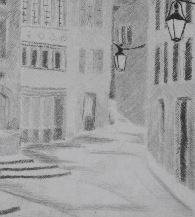 Camille COMBE : Minuit à la fontaine, Gravure originale signée