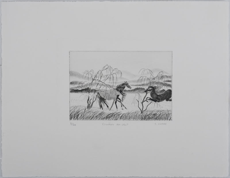Camille COMBE : Crinières au vent, Gravure originale signée