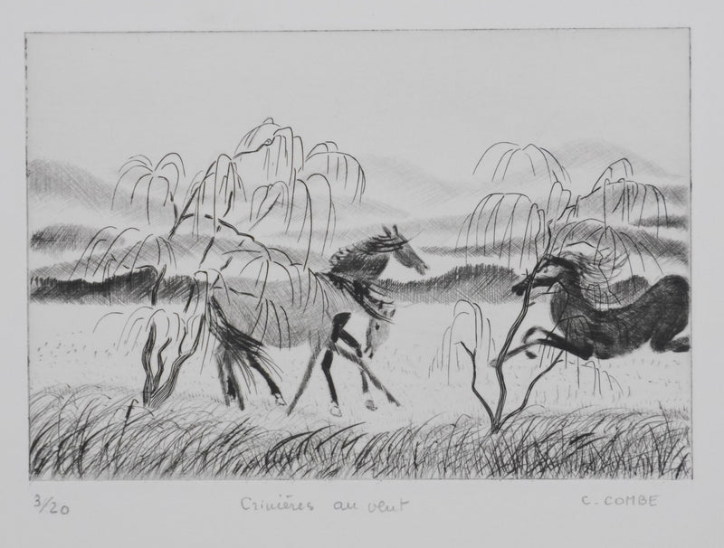 Camille COMBE : Crinières au vent, Gravure originale signée