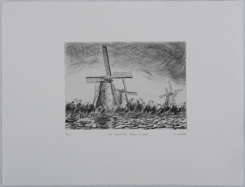 Camille COMBE : Les moulins dans le vent, Gravure originale signée