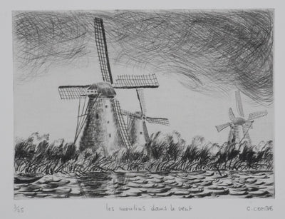 Camille COMBE : Les moulins dans le vent, Gravure originale signée