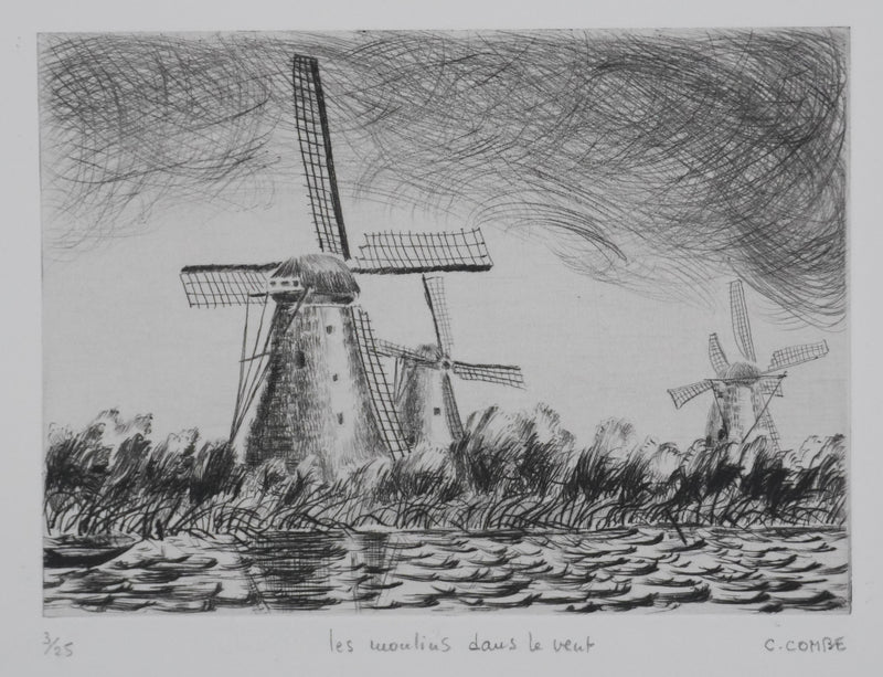 Camille COMBE : Les moulins dans le vent, Gravure originale signée