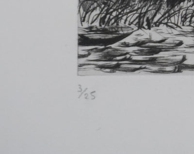 Camille COMBE : Les moulins dans le vent, Gravure originale signée
