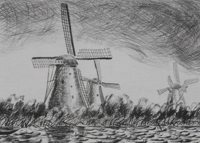 Camille COMBE : Les moulins dans le vent, Gravure originale signée